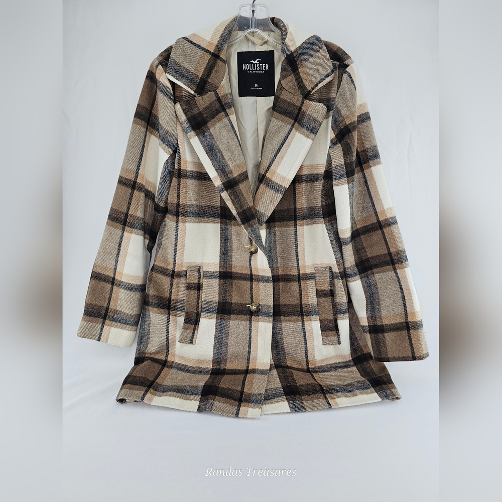 Hollister Women's Plaid Coat - Brown and Cream  Medium